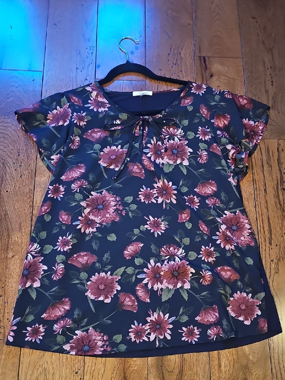 Maurices Navy Blouse with Subtle Floral Trim